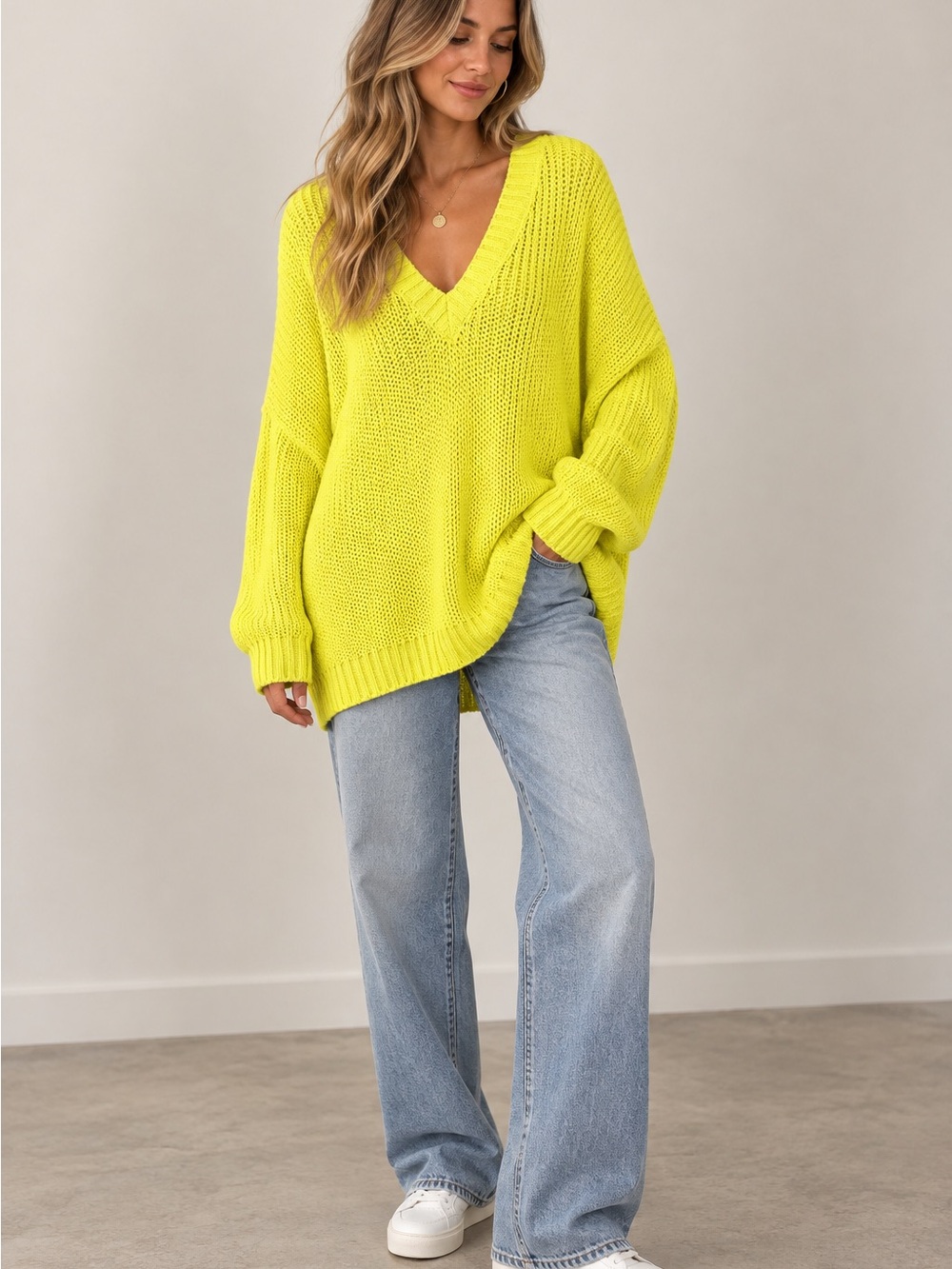 Zara Bright Yellow V-Neck Oversized Sweater